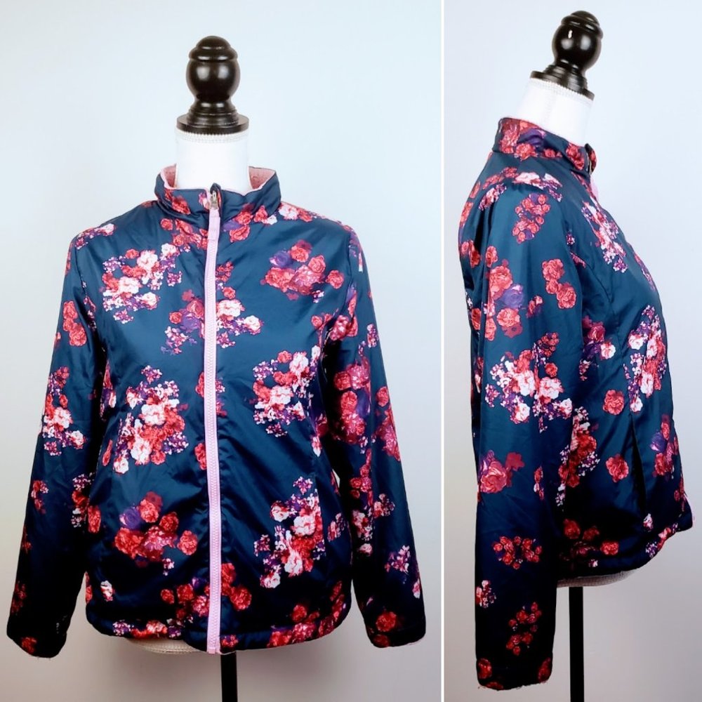 Girl's Jacket, Pink Blue Purple Floral Full Zip Pockets Lined, 14/16 XL
